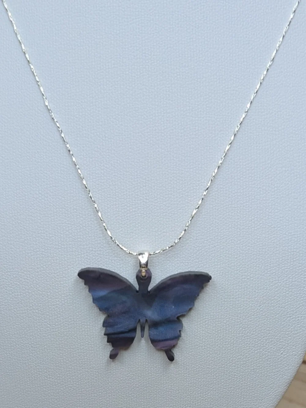 Blue Lavender Butterfly Necklace Reversible Pendant Silver Chain 16.5” + 2 